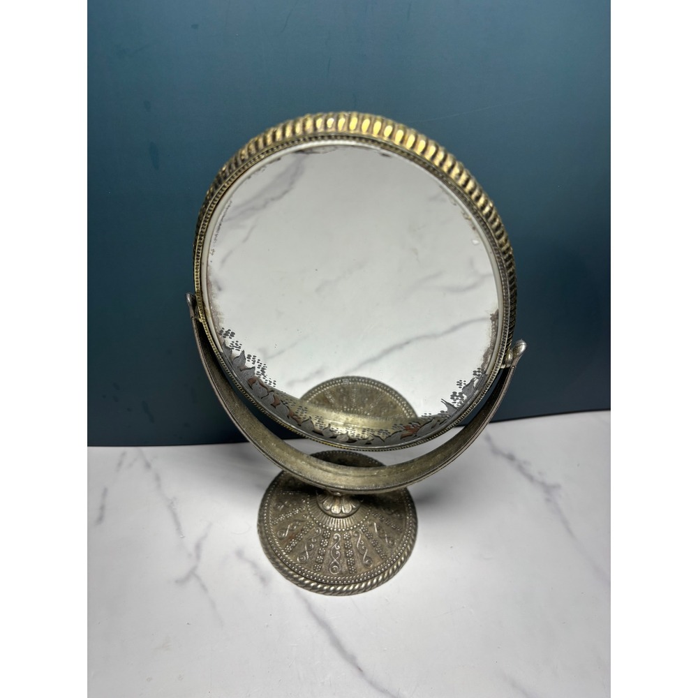 Vintage Brass Tone Oval Swivel Vanity Mirror Etched Floral Ornate Pedestal Base
